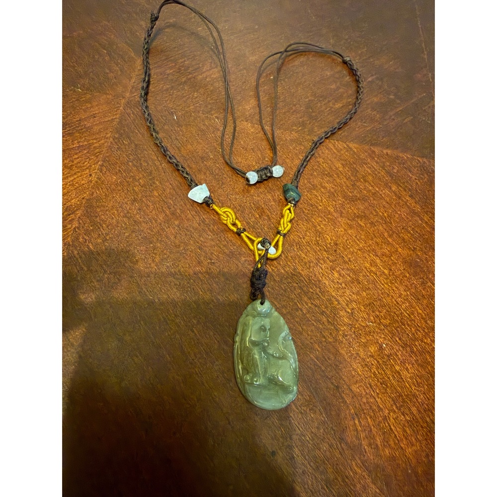 Hand Carved Jade Lion Pendant Necklace Adjustable Braided Silk Cord Green Stone